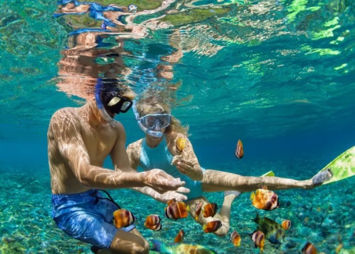 Happy family vacation. Young couple in snorkeling mask hold hand, dive underwater with fishes in coral reef sea pool. Travel lifestyle, watersport adventure, swim activity on summer beach holiday